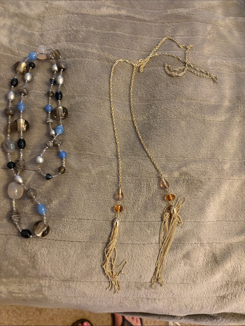 Gold Tassel Lariat Necklace with Amber Beads - and blue long necklace